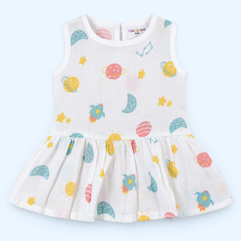 Cotton Muslin Baby Frock - Galaxy Nights Print | Button Closure| 6-12 Months