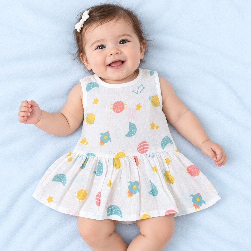 Cotton Muslin Baby Frock - Galaxy Nights Print | Button Closure| 6-12 Months