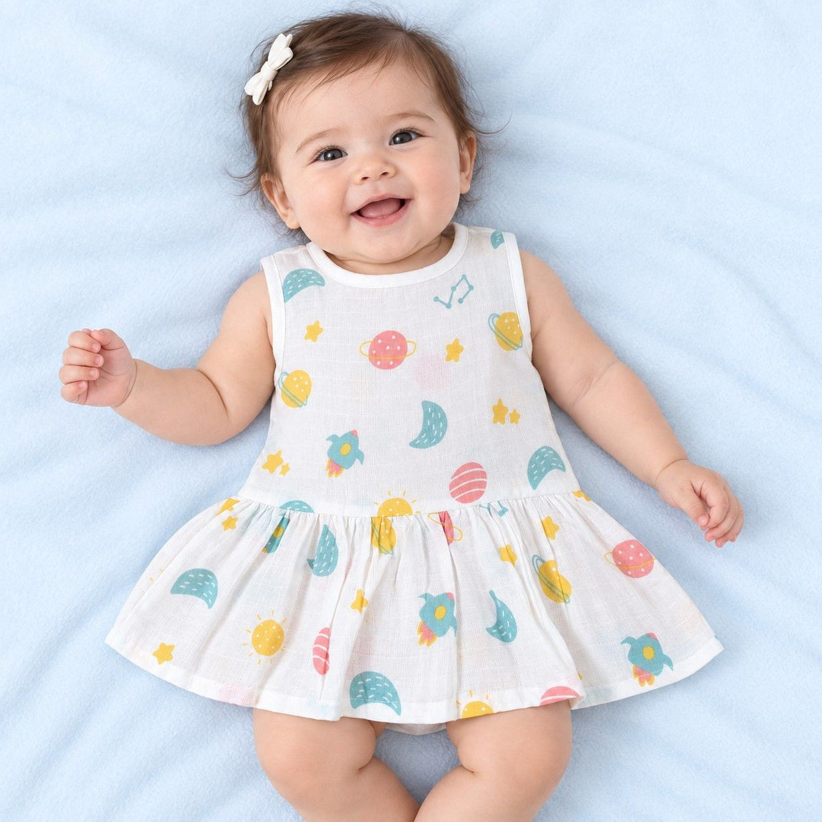Cotton Muslin Baby Frock - Galaxy Nights Print | Button Closure| 6-12 Months