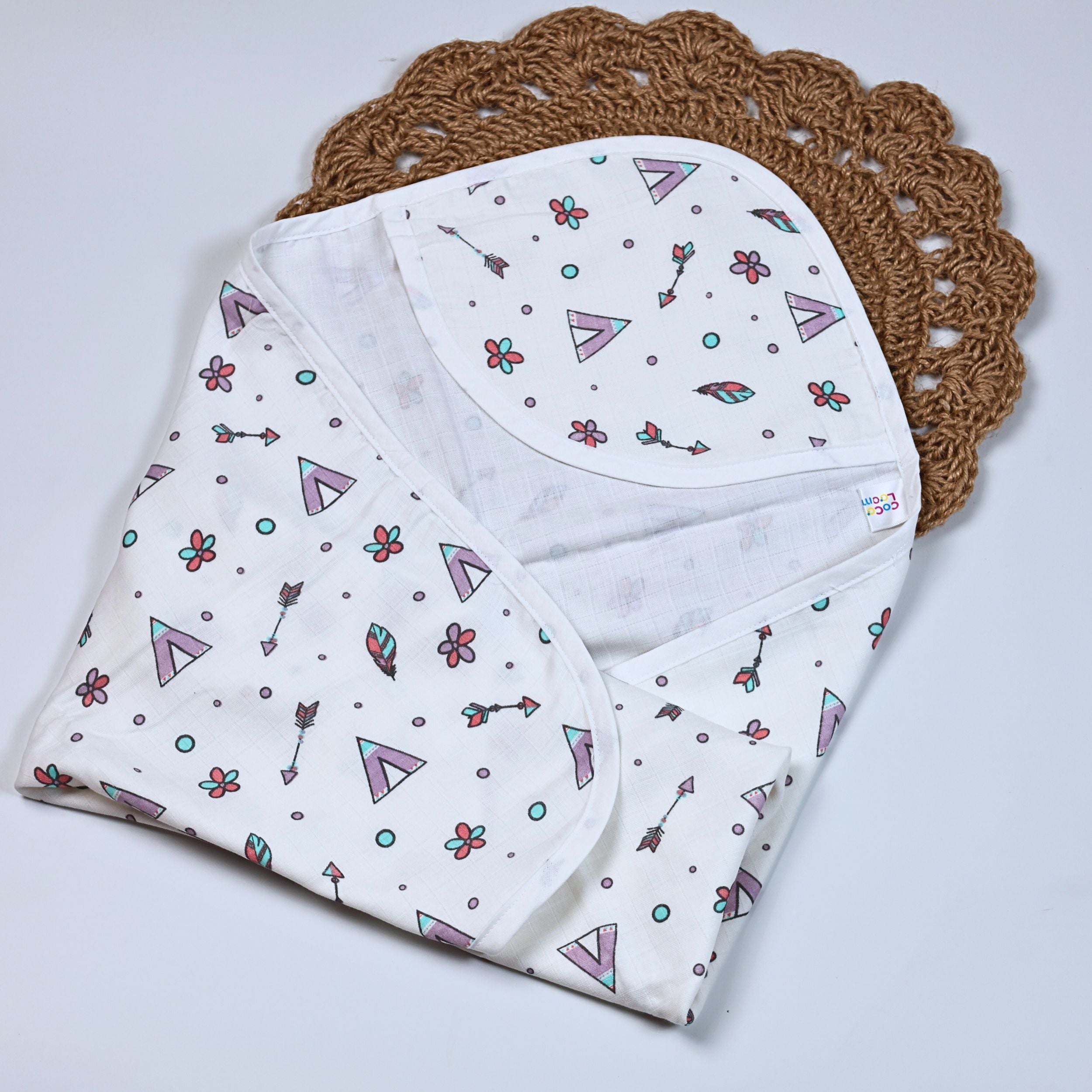 Boho Bloom Baby hooded towel in white printed with colorful patterns