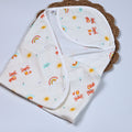Foxie baby hooded towel in off white yellow colour printed with fox and rainbow pattern