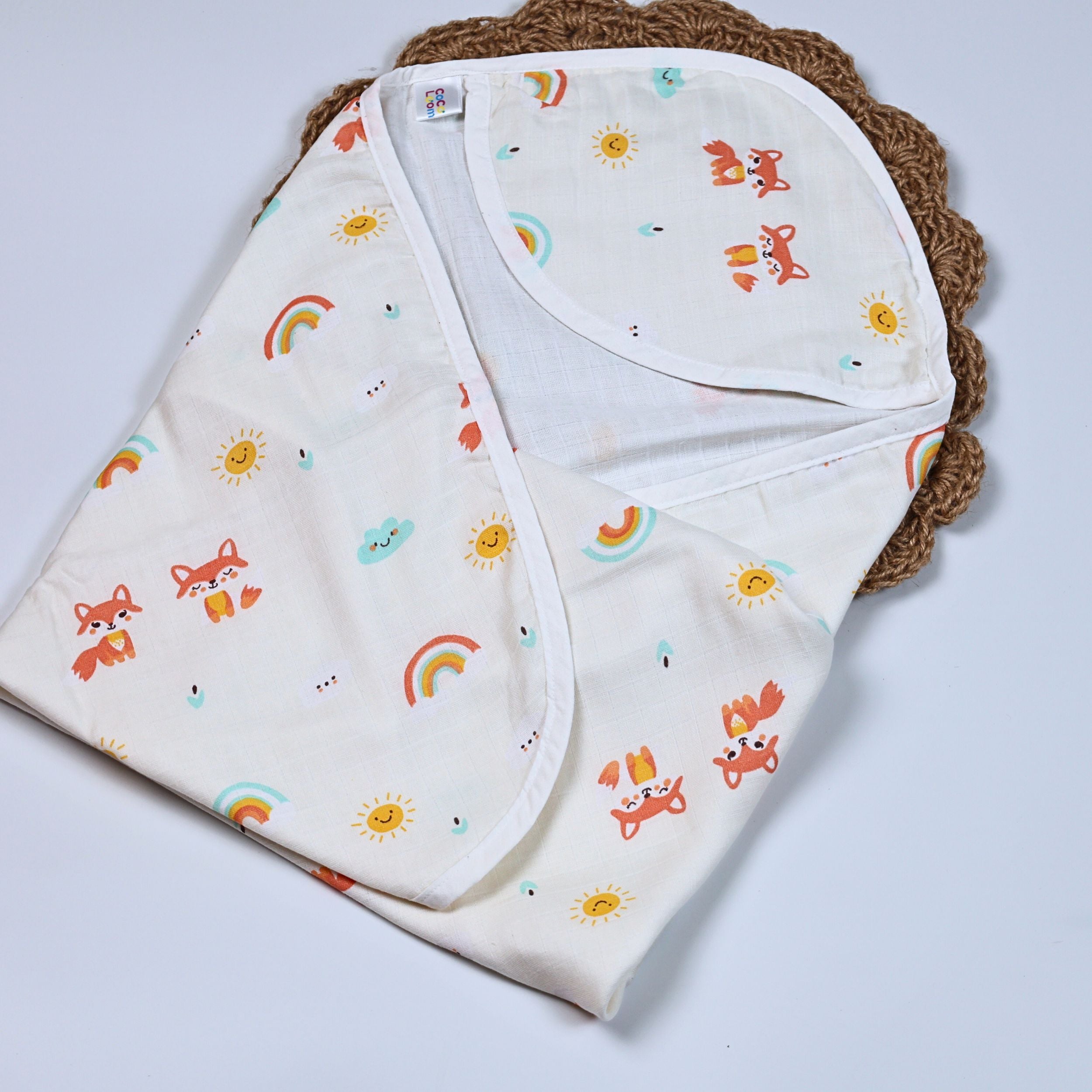 Foxie baby hooded towel in off white yellow colour printed with fox and rainbow pattern