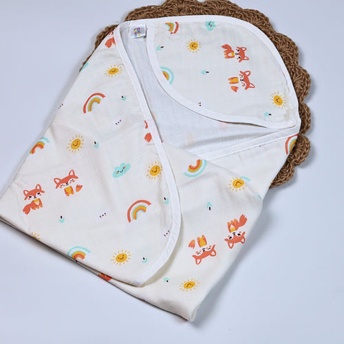 Foxie baby hooded towel in off white yellow colour printed with fox and rainbow pattern