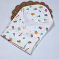 Garden Flutters Baby hooded towel in white printed with colourful flowers, butterflies and dragonflies themed pattern