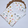 Little Wheels Baby hooded towel in white, printed with rainbow and playful vehicles themed pattern