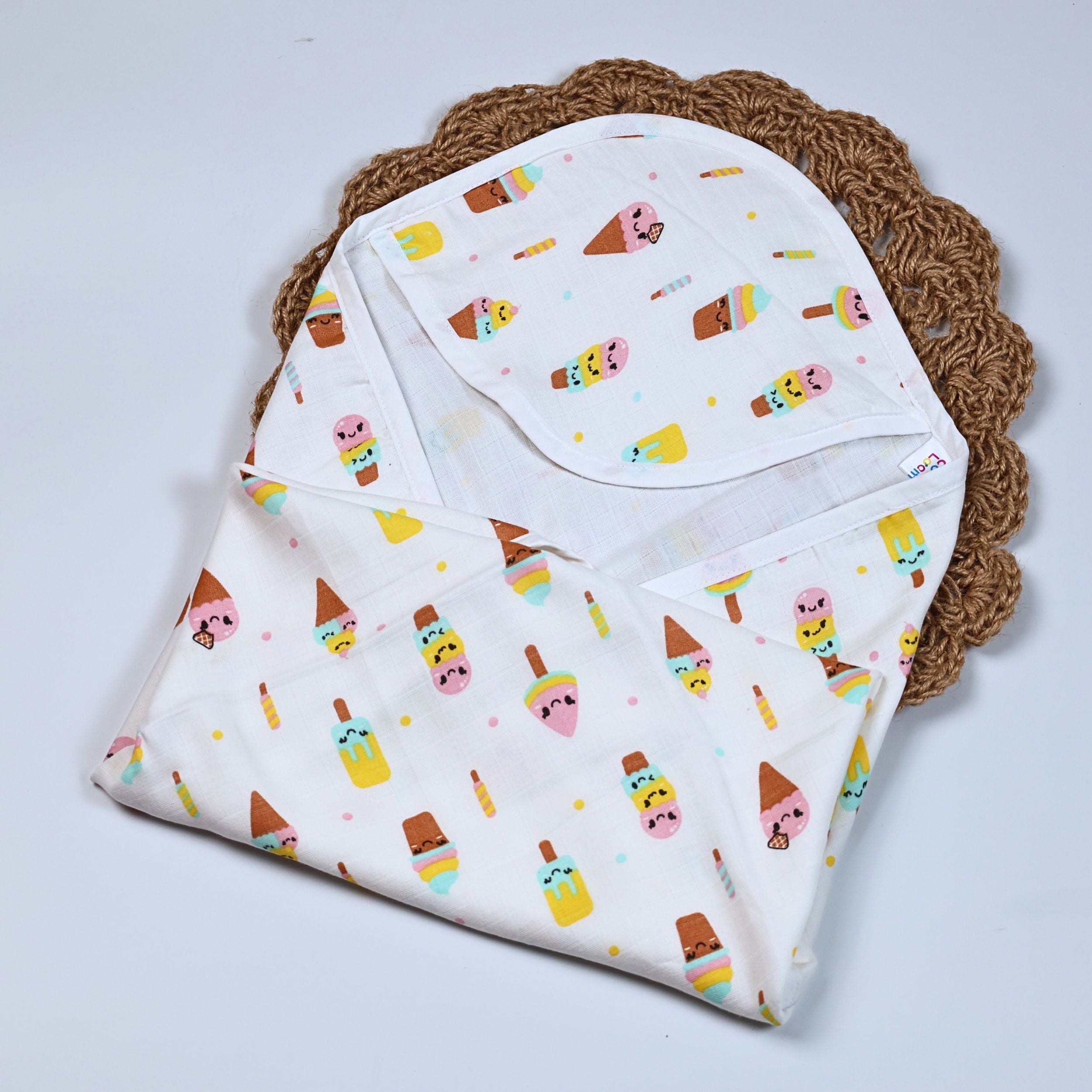 Popsicles baby hooded towel in white, printed with popsicles and ice-cream pattern