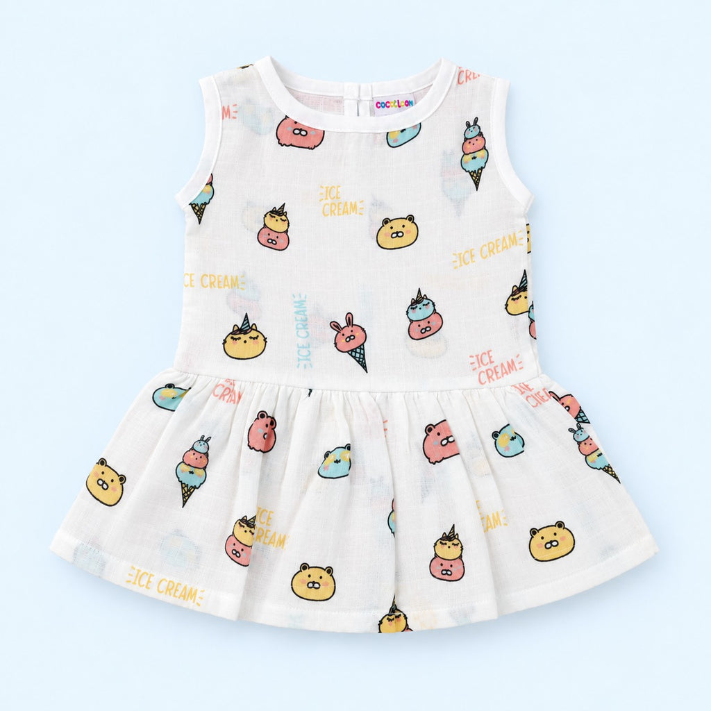Cotton Muslin Baby Frock - Ice Cream Print | Button Closure | 0-3 Months