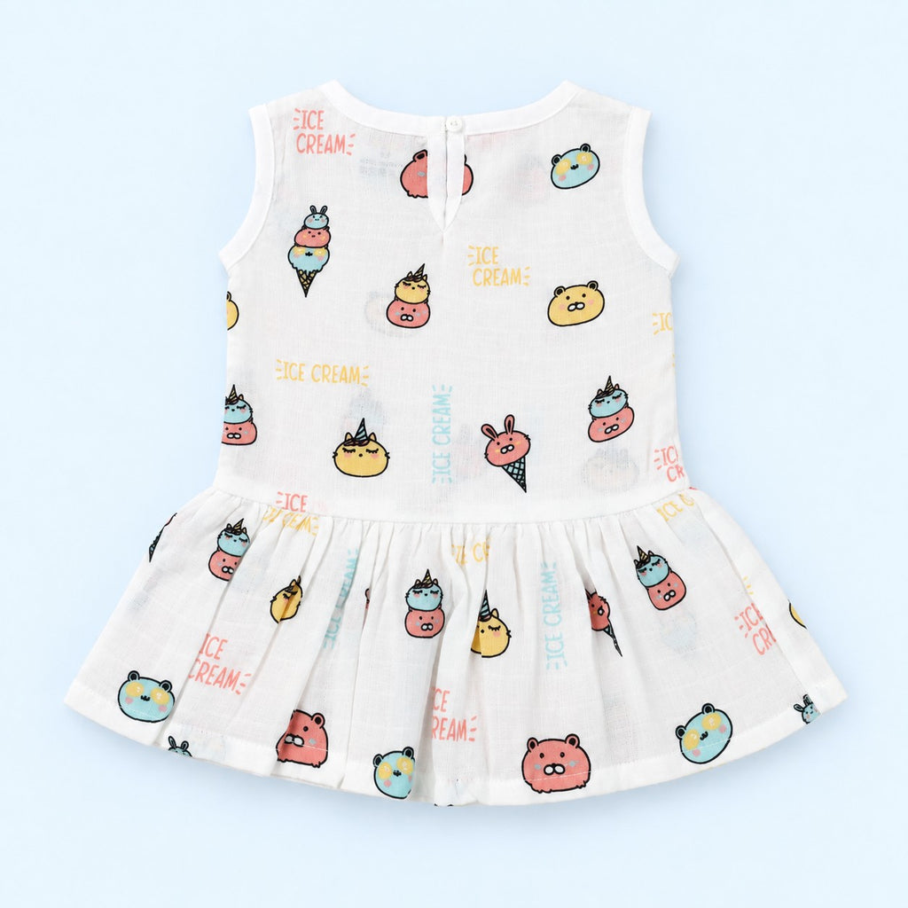 Cotton Muslin Baby Frock - Ice Cream Print | Button Closure | 0-3 Months