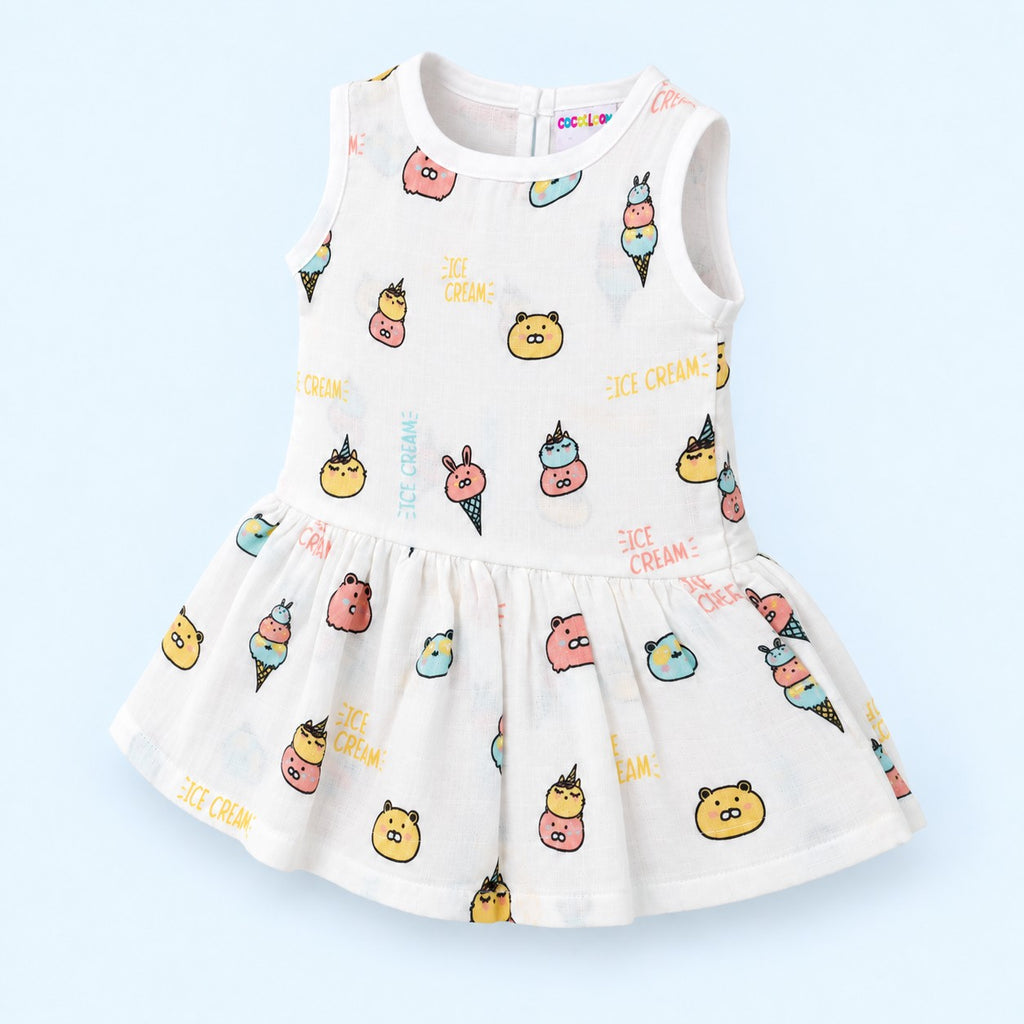Cotton Muslin Baby Frock - Ice Cream Print | Button Closure | 0-3 Months