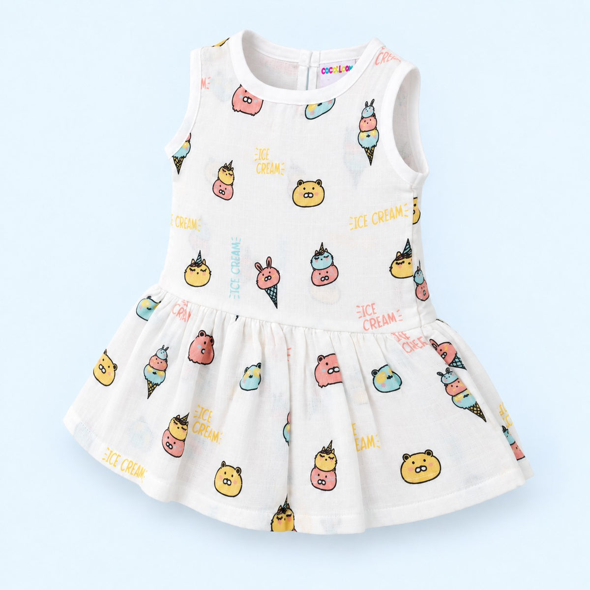 Cotton Muslin Baby Frock - Ice Cream Print | Button Closure | 0-3 Months