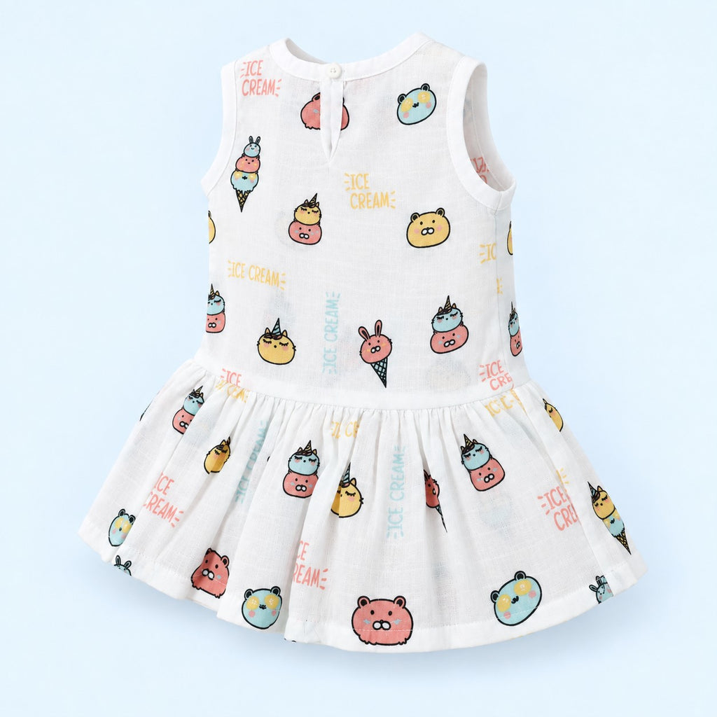 Cotton Muslin Baby Frock - Ice Cream Print | Button Closure | 0-3 Months