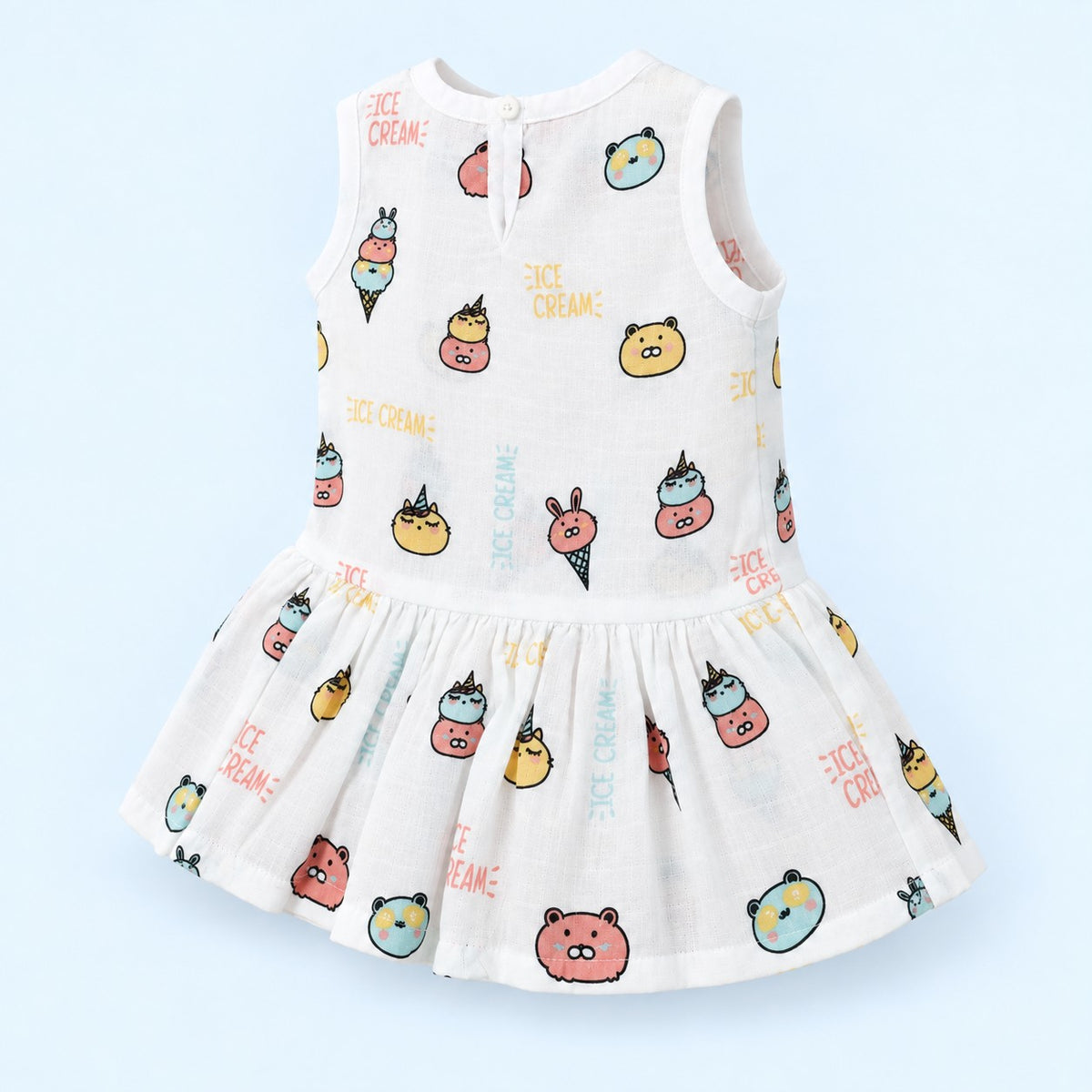 Cotton Muslin Baby Frock - Ice Cream Print | Button Closure | 0-3 Months