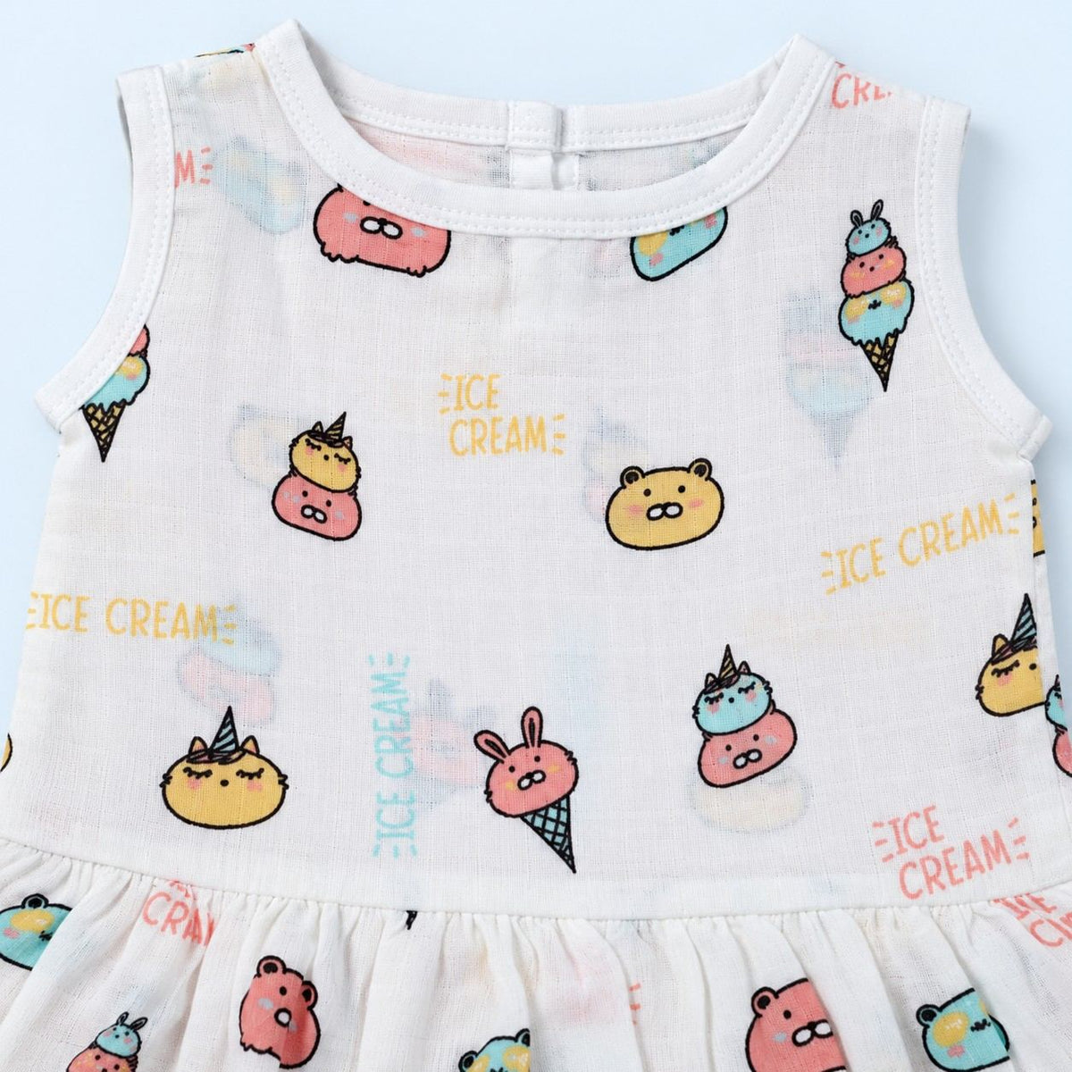 Cotton Muslin Baby Frock - Ice Cream Print | Button Closure | 0-3 Months
