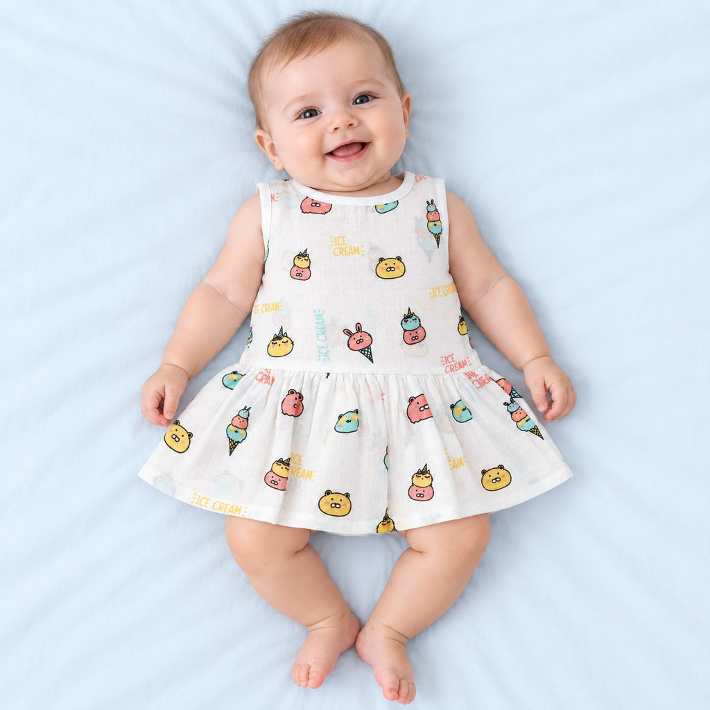 Cotton Muslin Baby Frock - Ice Cream Print | Button Closure | 0-3 Months