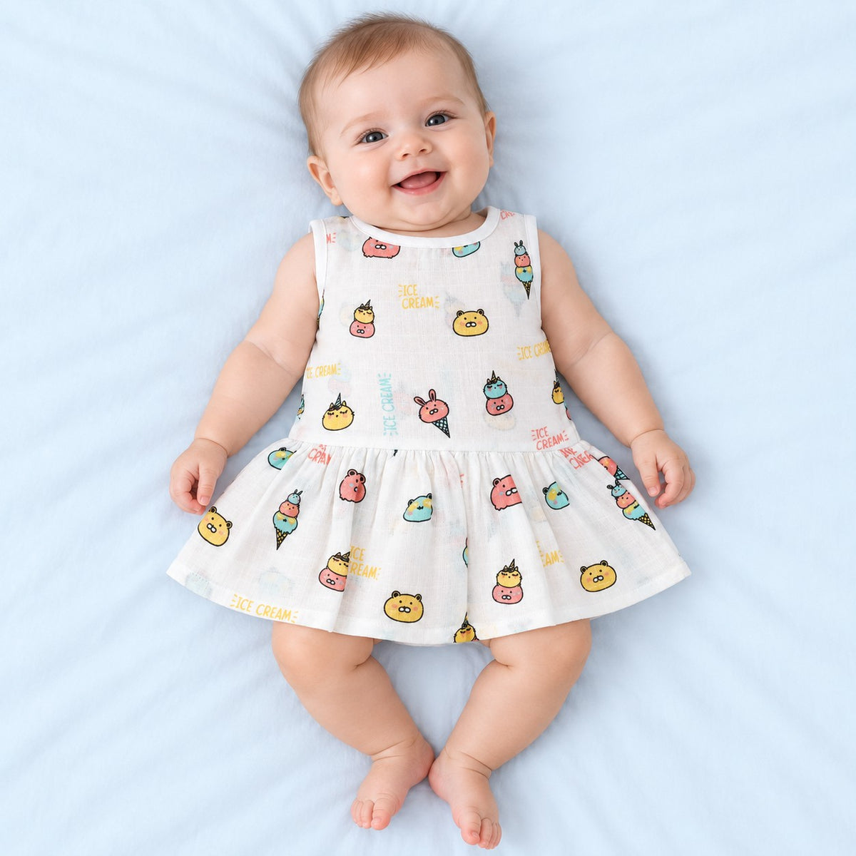 Cotton Muslin Baby Frock - Ice Cream Print | Button Closure | 0-3 Months