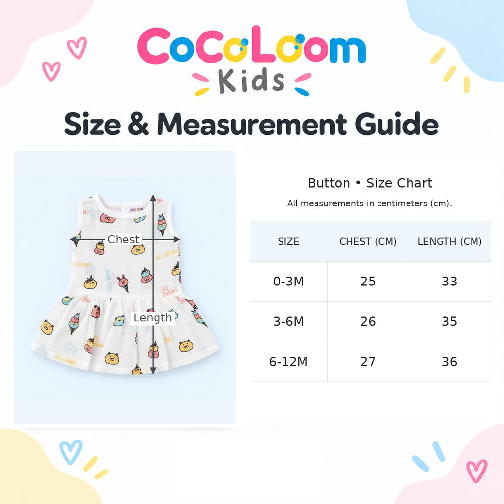 Cotton Muslin Baby Frock - Ice Cream Print | Button Closure | 0-3 Months