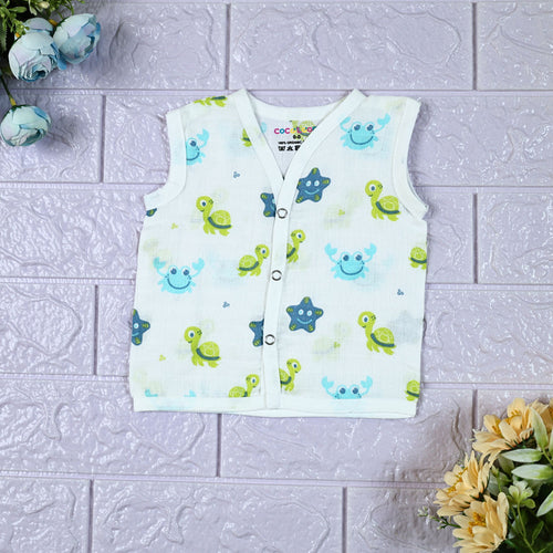 Aqua Babies baby sleeveless top in white with snap buttons printed with turtle and starfish pattern