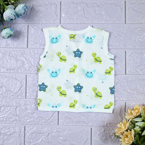 Aqua Babies baby sleeveless top in white with snap buttons printed with turtle and starfish pattern