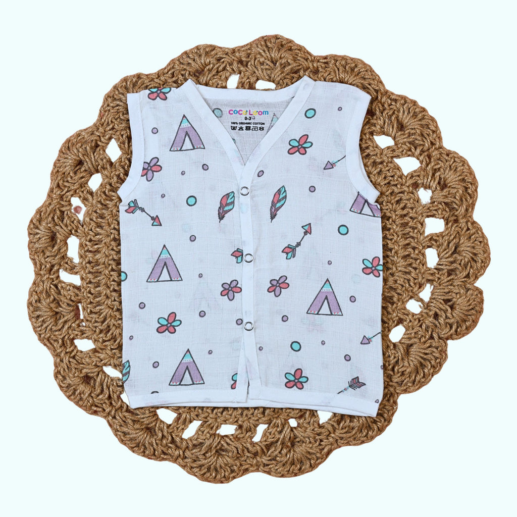 Boho Bloom Baby sleeveless top in white snap buttons printed with colorful pattern