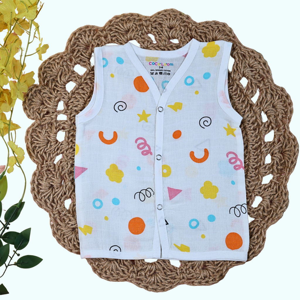 Colour Pops Baby sleeveless top in white with snap buttons printed with colorful patterns
