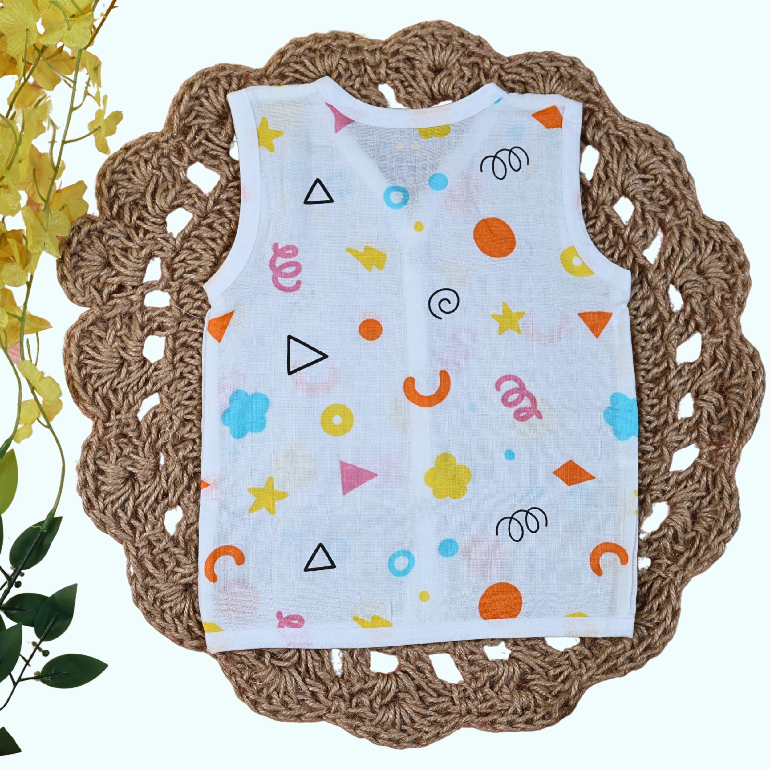 Colour Pops Baby sleeveless top in white with snap buttons printed with colorful patterns