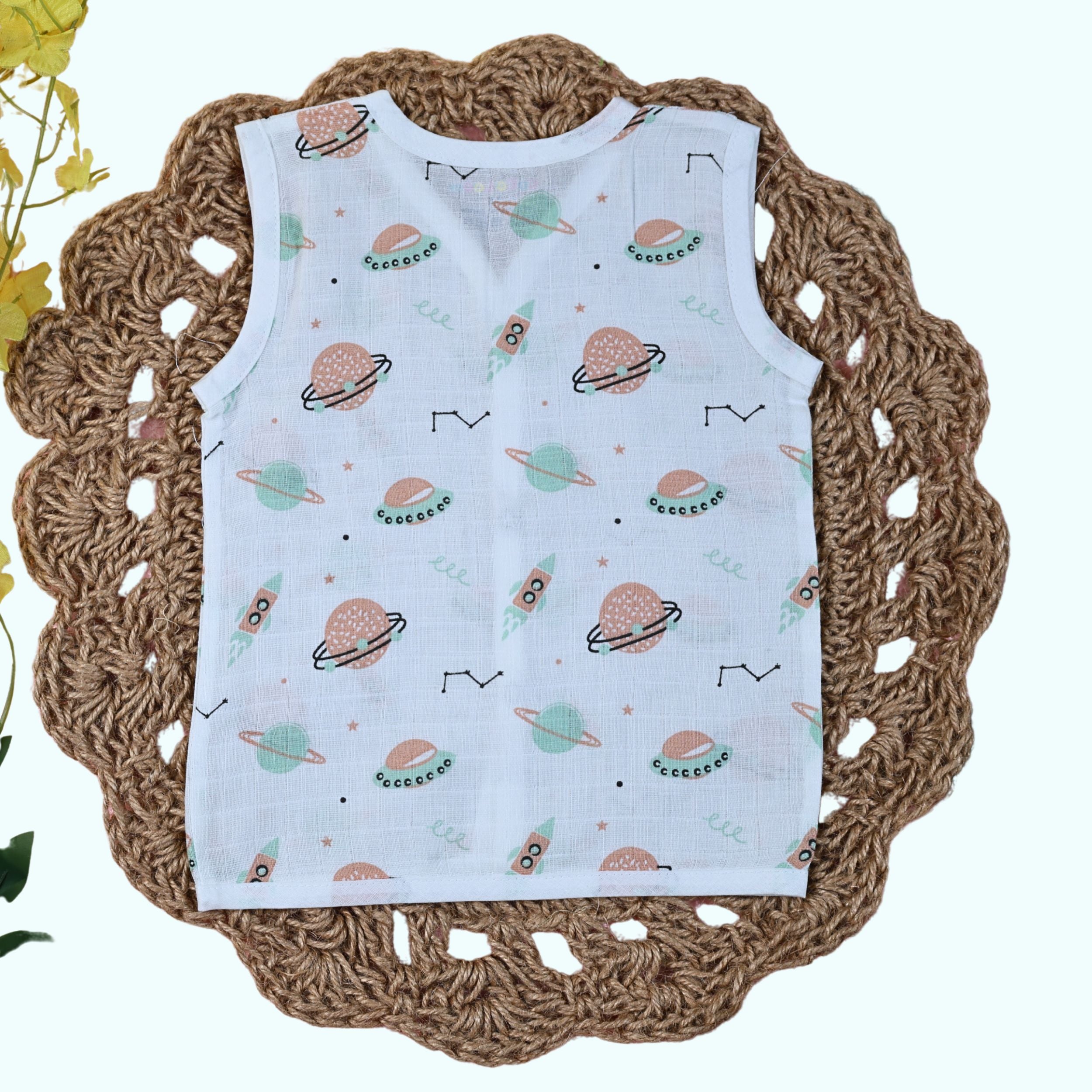 Cosmic Wonders Baby sleeveless top in white with snap buttons printed with space-themed design