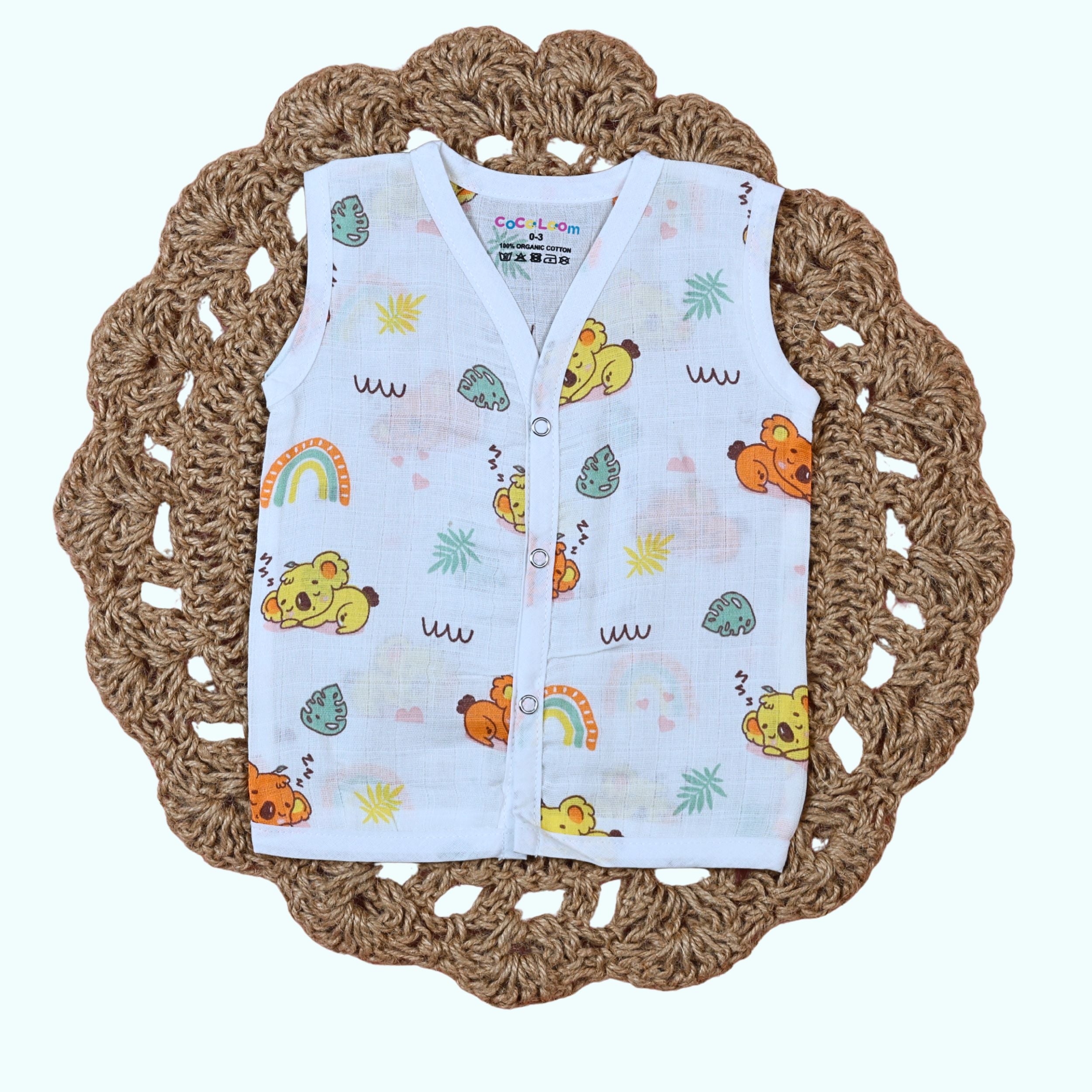 Koala Dreams baby sleeveless top in white with snap buttons printed with bear and rainbow pattern