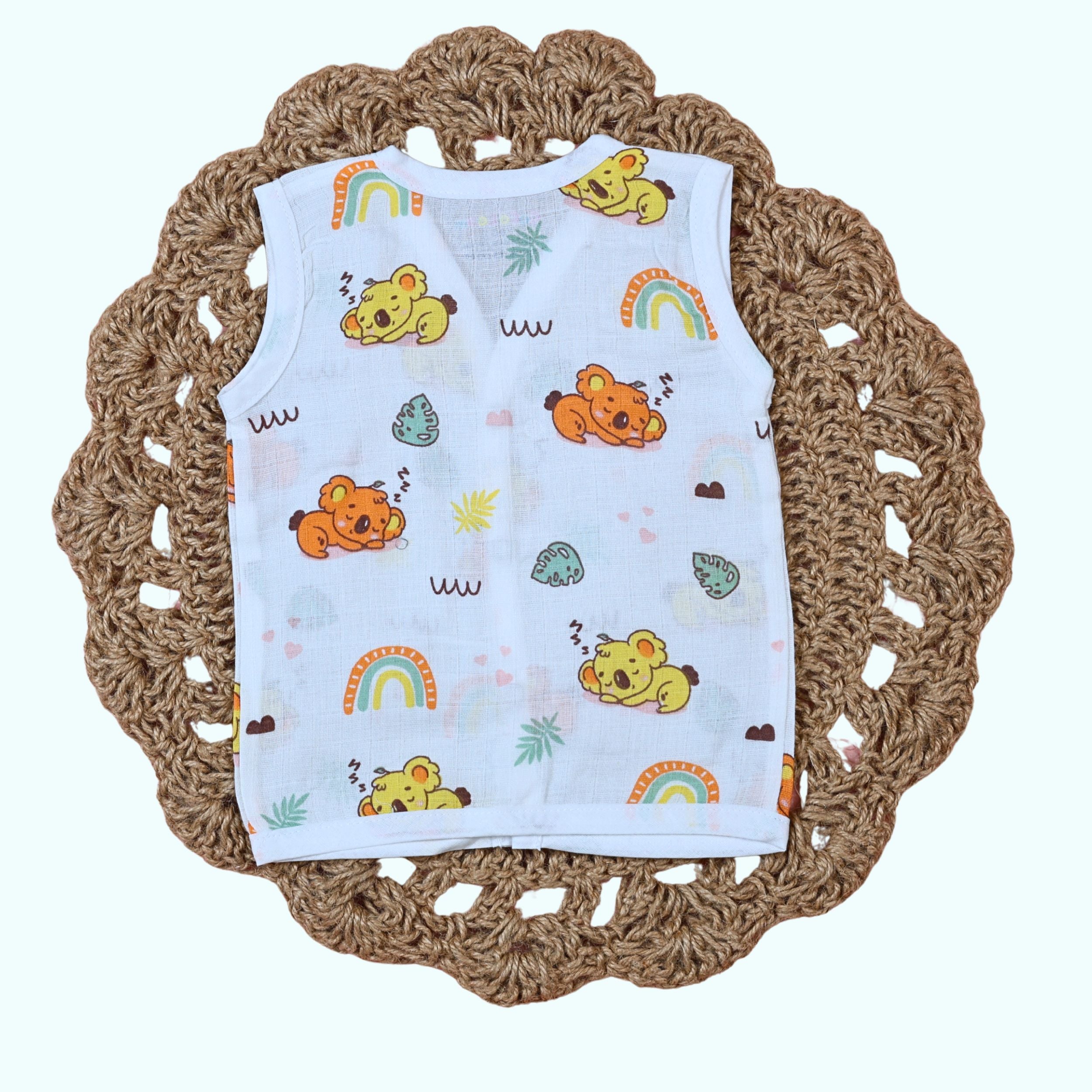 Koala Dreams baby sleeveless top in white with snap buttons printed with bear and rainbow pattern
