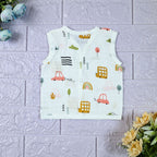 Little Wheels Baby sleeveless top in white with snap buttons, printed with rainbow and playful vehicles themed pattern