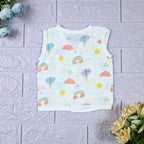 Rainbow Rides baby sleeveless top in white with snap buttons, printed with rainbows, air balloons, clouds, and stars.