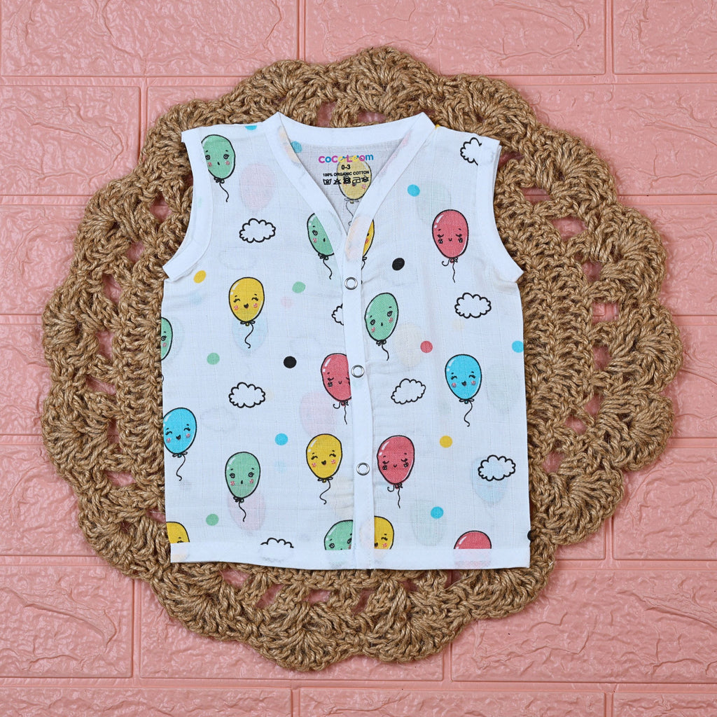 Smiley Balloons Baby sleeveless top in white with snap buttons printed with colorful balloon pattern