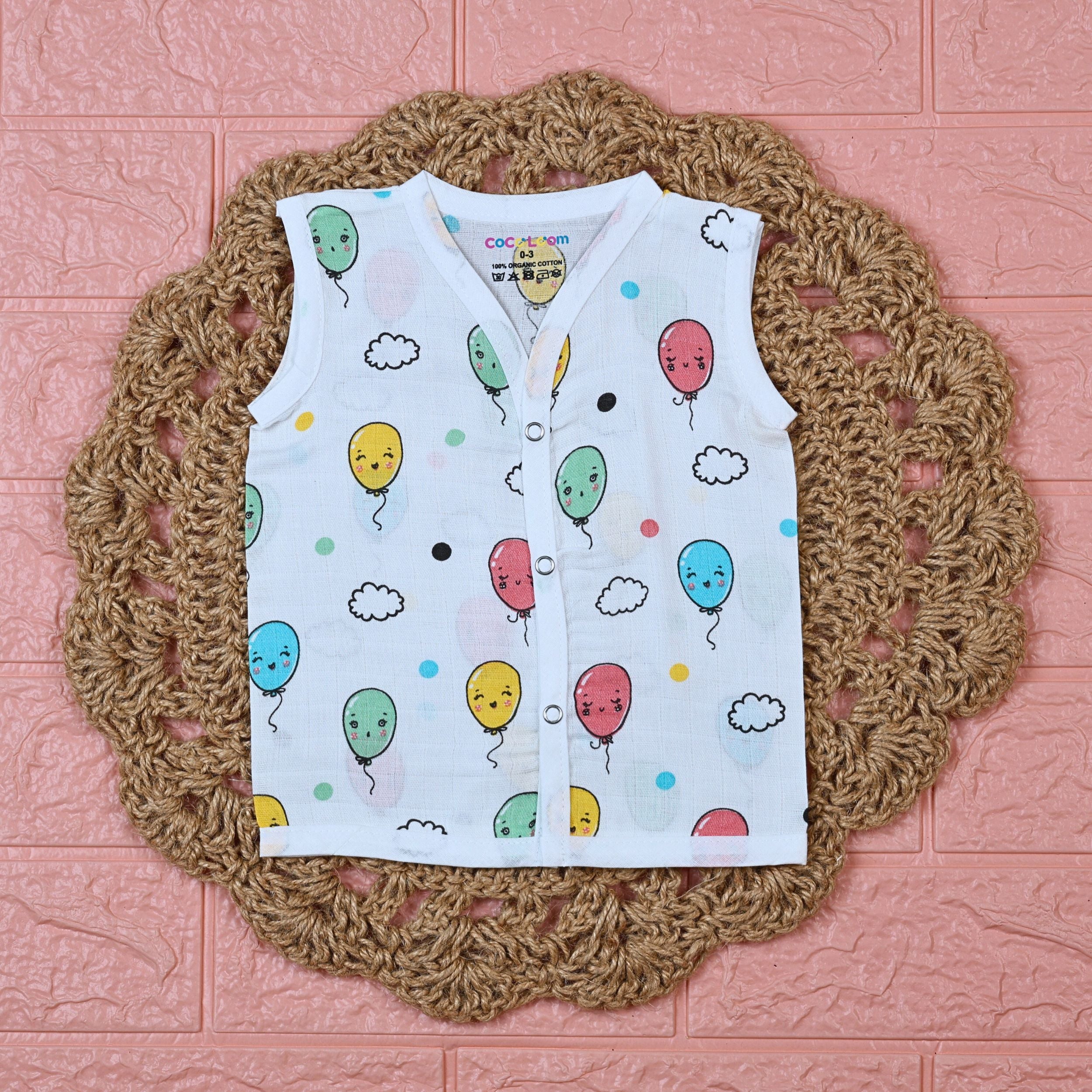 Smiley Balloons Baby sleeveless top in white with snap buttons printed with colorful balloon pattern