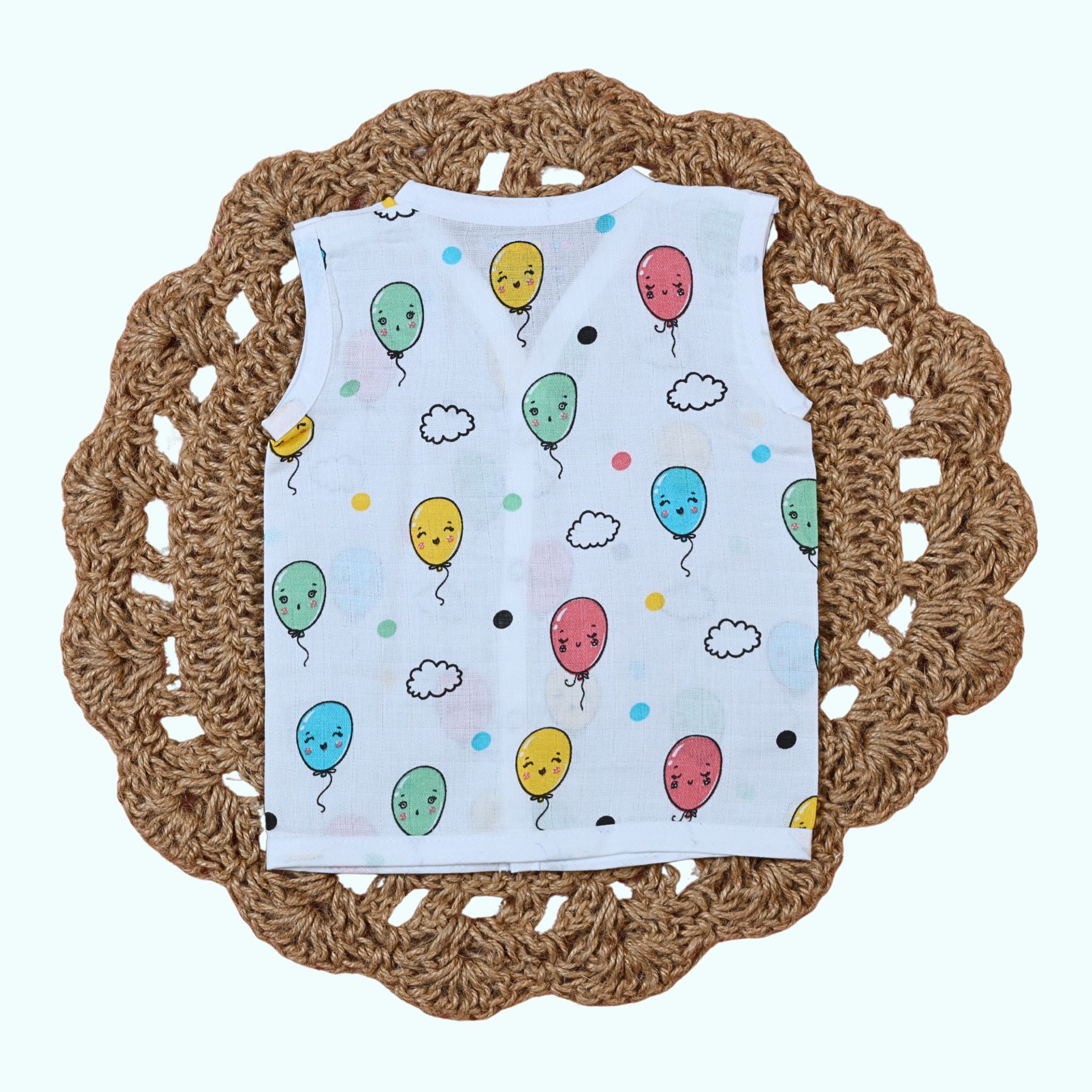 Smiley Balloons Baby sleeveless top in white with snap buttons printed with colorful balloon pattern