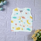 Twinkle Sky baby sleeveless top in white with snap buttons, printed with pastel cloud, stars and moon pattern