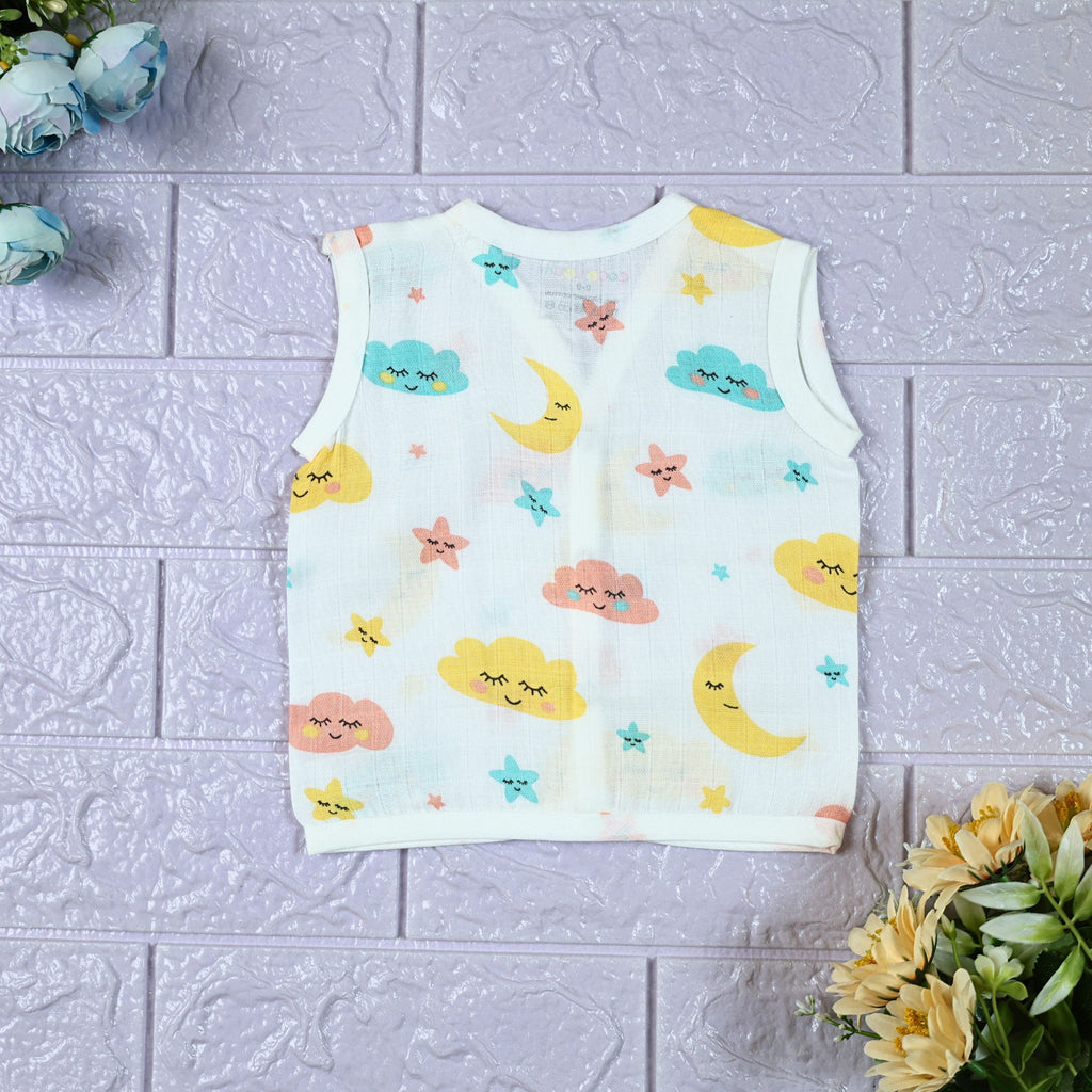 Twinkle Sky baby sleeveless top in white with snap buttons, printed with pastel cloud, stars and moon pattern