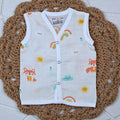 Foxie baby sleeveless top in off white yellow colour with snap buttons printed with fox and rainbow pattern