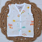 Foxie baby sleeveless top in off white yellow colour with snap buttons printed with fox and rainbow pattern