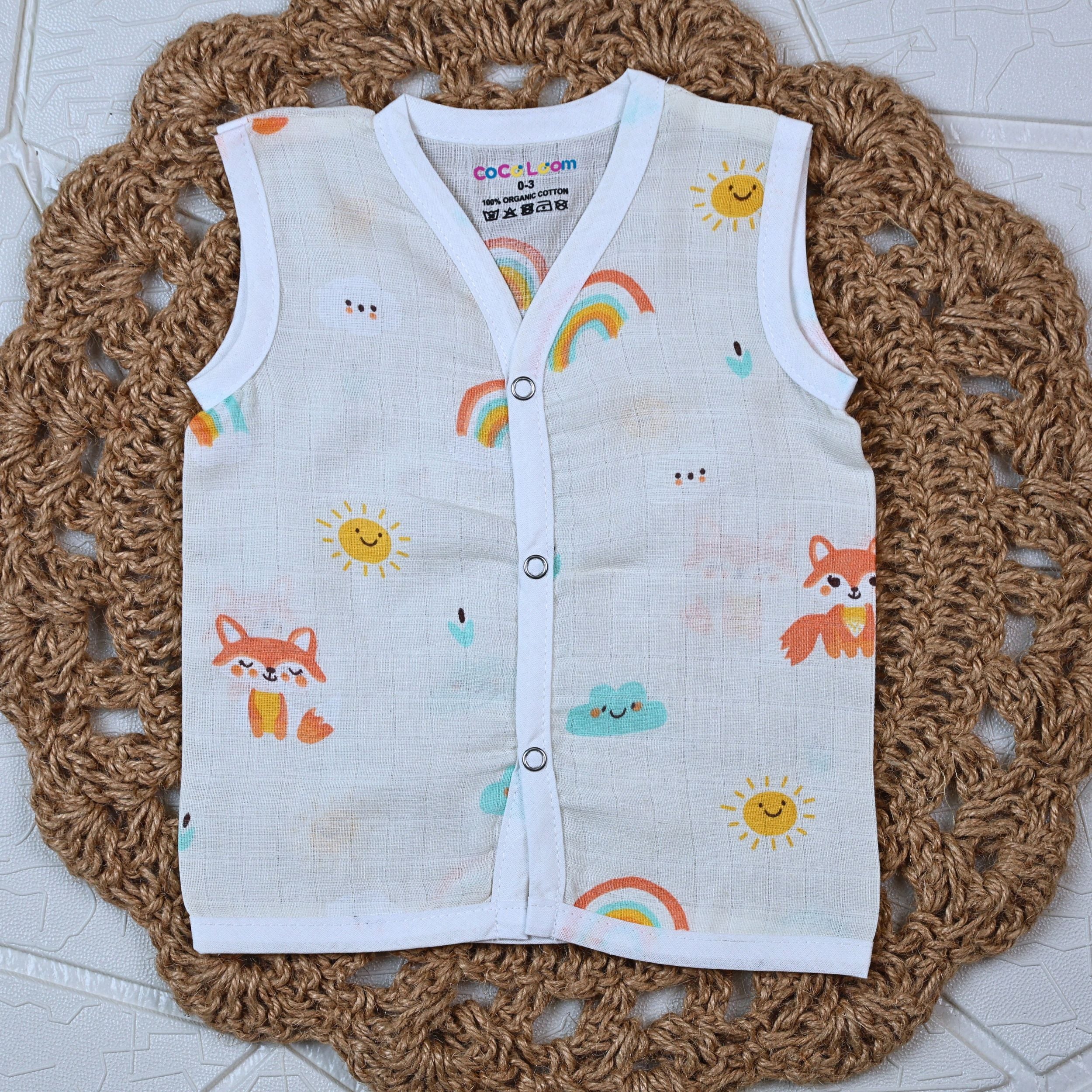 Foxie baby sleeveless top in off white yellow colour with snap buttons printed with fox and rainbow pattern