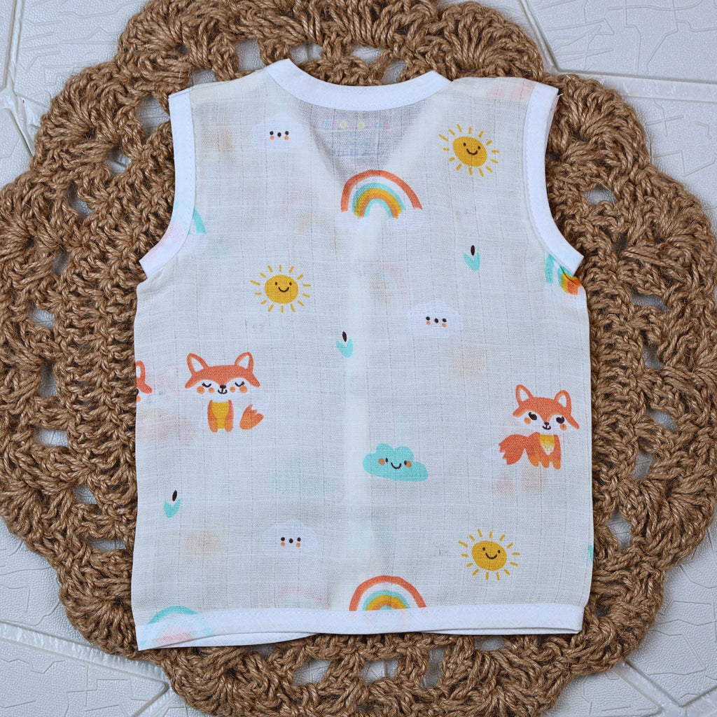 Foxie baby sleeveless top in off white yellow colour with snap buttons printed with fox and rainbow pattern