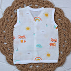 Foxie baby sleeveless top in off white yellow colour with snap buttons printed with fox and rainbow pattern