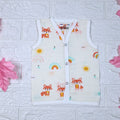 Foxie baby sleeveless top in off white yellow colour with snap buttons printed with fox and rainbow pattern