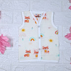 Foxie baby sleeveless top in off white yellow colour with snap buttons printed with fox and rainbow pattern