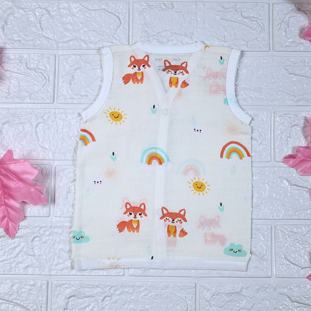 Foxie baby sleeveless top in off white yellow colour with snap buttons printed with fox and rainbow pattern