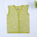 Green Twigs baby sleeveless top in green with snap buttons printed with white floral patterns