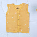Mustard Sprigs baby sleeveless top in yellow with snap buttons printed with white floral patterns 