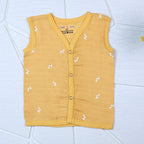 Mustard Sprigs baby sleeveless top in yellow with snap buttons printed with white floral patterns 