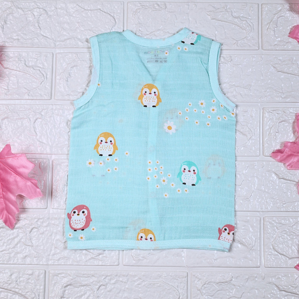 Peppy Penguin baby sleeveless top in turquoise blue with snap buttons printed with penguin patterns