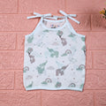 Tiny Tusks baby top in white with shoulder knots, with elephant, clouds and rainbow
 prints in gentle green and brown
 shades.