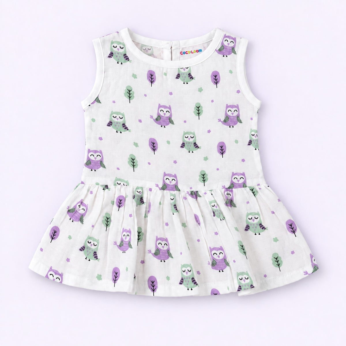 Cotton Muslin Baby Frock - Little Hoots Print | Button Closure | 6-12 Months