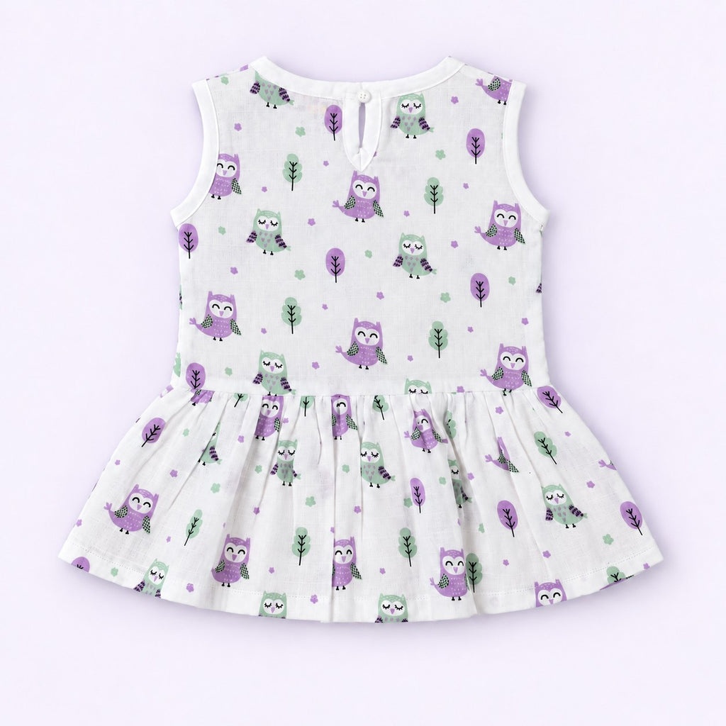 Cotton Muslin Baby Frock - Little Hoots Print | Button Closure | 6-12 Months